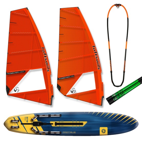 UNIFIBER x LOFTSAILS Raceboard Package Proteus II + 2 Raceboardblade sails + boom + mast