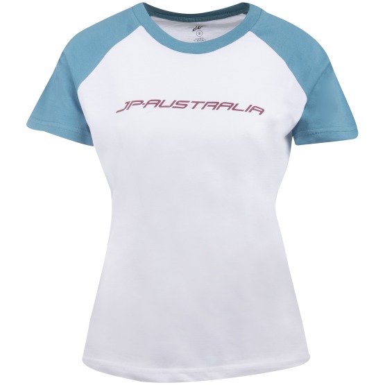 Womens T-Shirt JP-Australia Backprint White/Peacock Blue